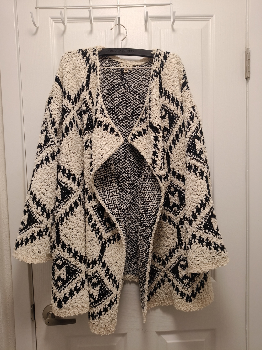 Pol Cozy Open-Front Black & Cream Geometric Sweater Cardigan Boho Cozy